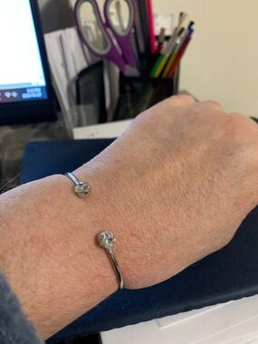 Open Cuff Bracelet with Clear Crystal Ends - Silver Tone